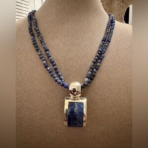 Sodalite Faceted Beads with Heavy Taxco Silver Sodalite Inlay Pendant